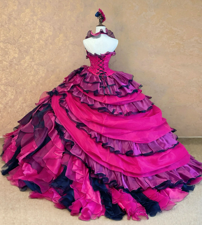 Gorgeous Hot Pink Sweet 16 Dress Halter Long Evening Dress Ball Gown Tulle Applique Prom Dress DP05879