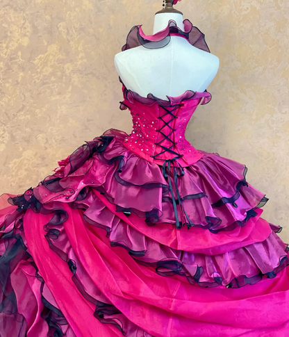 Gorgeous Hot Pink Sweet 16 Dress Halter Long Evening Dress Ball Gown Tulle Applique Prom Dress DP05879