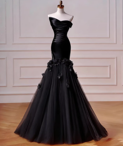 Elegant Black Prom Dress Strapless Sheath Tulle Long Evening Dress DP05887