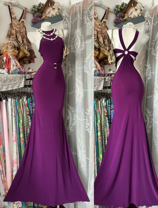 Elegantes lila Ballkleid Neckholder Scheide Chiffon Langes Abendkleid DP05888
