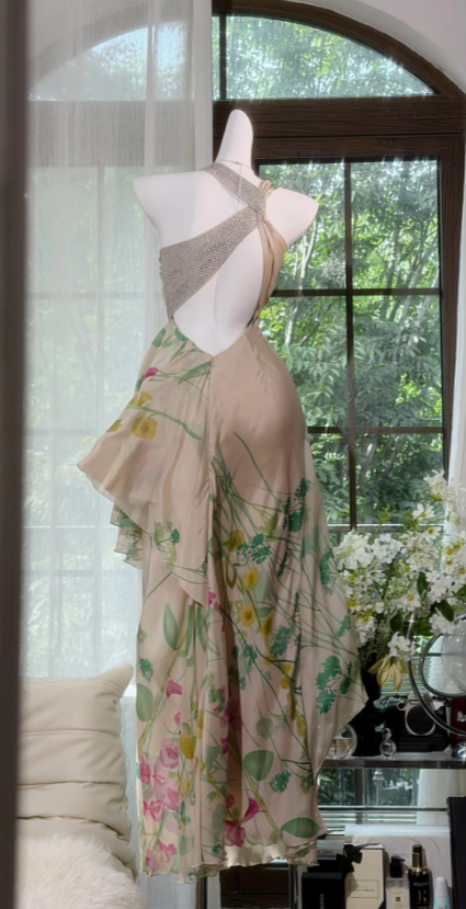 Elegant Floral Prom Dress Halter Sheath Chiffon Long Evening Dress DP05890