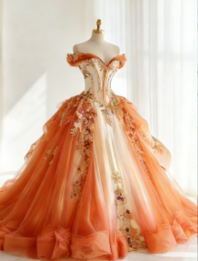 Märchenhaftes orangefarbenes Geburtstags-Kleid, schulterfreies Ballkleid, langes Quinceanera-Kleid, Tüll-Applikation, Sweet 16 Kleid DP05892