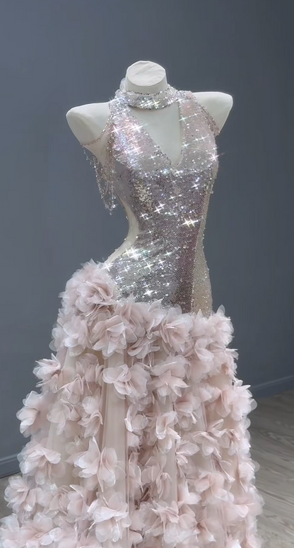 Fairy Pink Birthday Dress Halter Ball Gown Long Quinceanera Dress Tulle Applique Sweet 16 Dress DP05895