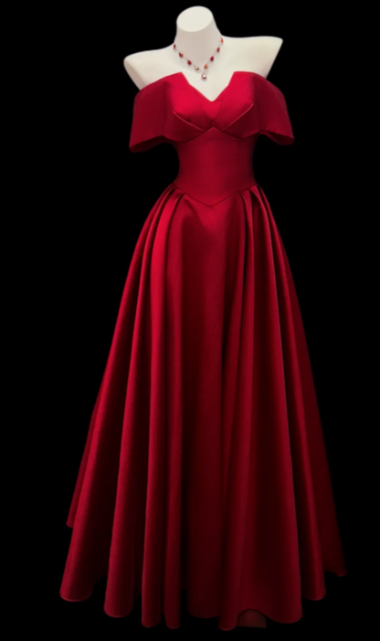 Cute Burgundy Prom Dress Off-shoulder A-Line Satin Long Evening Dress DP05903