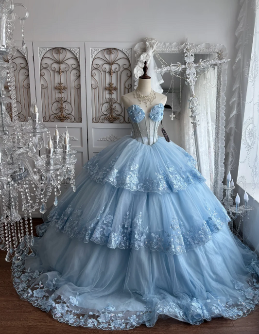 Niedliches blaues Quinceanera-Kleid Herz-Ballkleid Tüll Sweet 16 Kleid DP05905