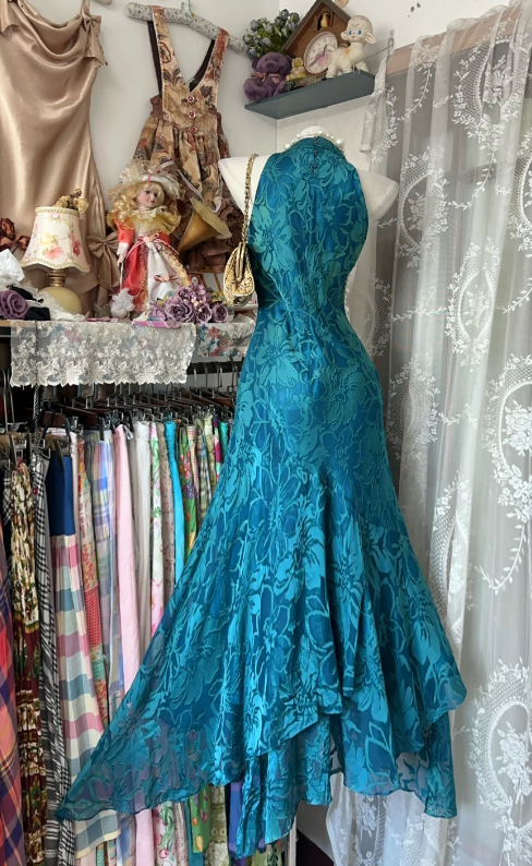 Elegant Halter Sheath Floral Chiffon Long Evening Dress Blue Prom Dress DP05917