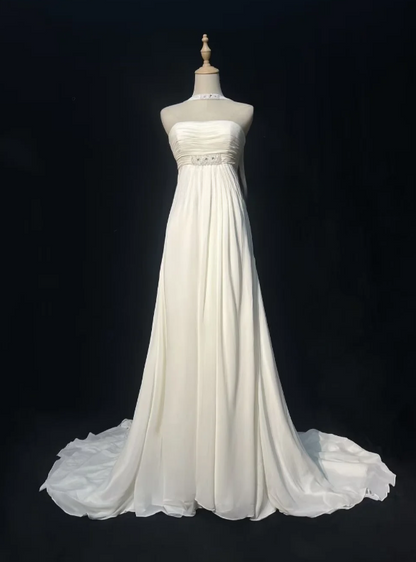 Elegant Strapless Sheath Chiffon Long Evening Dress White Prom Dress DP05920