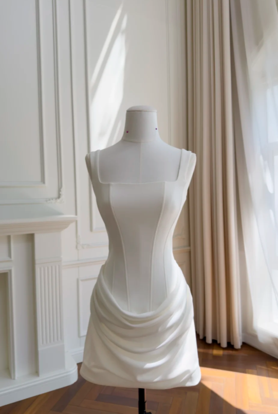 Chic White Short Party Outfit  Straps Sheath Satin Birthday Dress DP05946