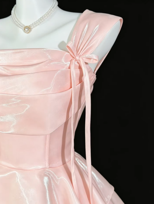 Chic Robe Courte de Fête Rose à Bretelles en Satin Coupe Évasée pour Anniversaire DP05947