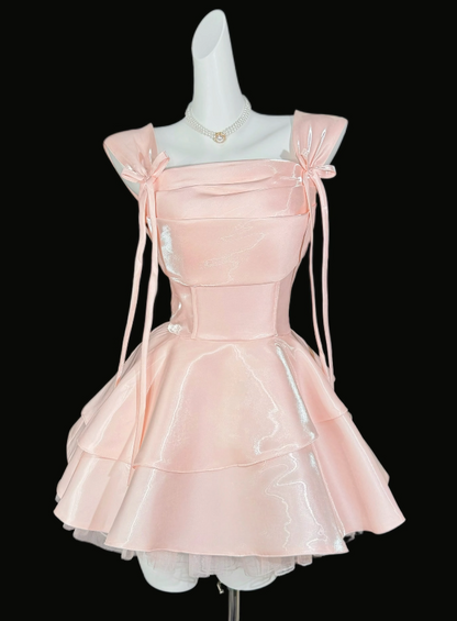 Chic Pink Short Party Outfit Straps A-Line Satin Birthday Dress DP05947