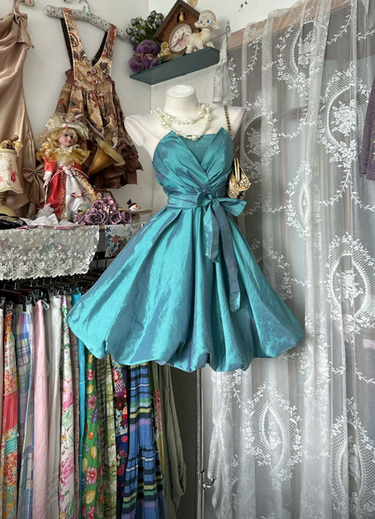 Robe de soirée courte chic sarcelle bustier trapèze en satin d'anniversaire DP05949