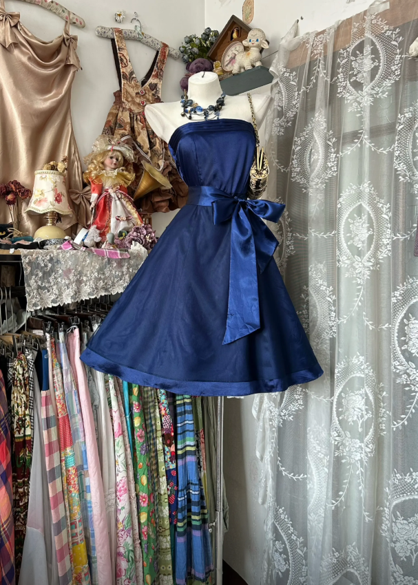 Chic Navy Blue Short Party Outfit Strapless A-Line Satin Birthday Dress DP05950