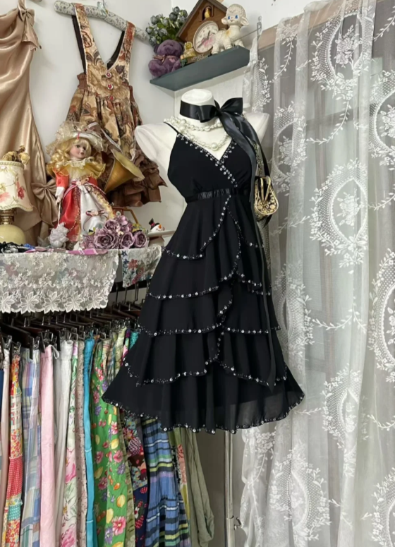 Chic Black Short Party Outfit Spaghetti Straps A-Line Chiffon Beaded Birthday Dress DP05951