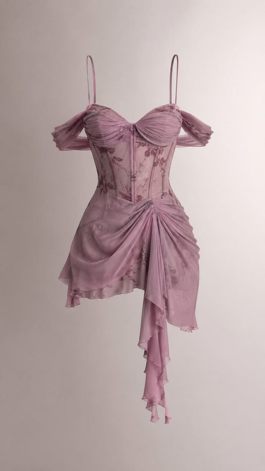 Robe de soirée chic rose courte à fines bretelles en mousseline pour anniversaire DP05957