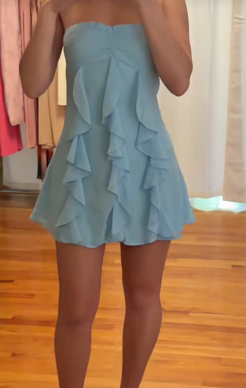 Niedliches blaues Sommerparty-Outfit, trägerloses Etui-Kleid aus Chiffon, Geburtstagskleid, ärmelloses Abschlussballkleid DP05962