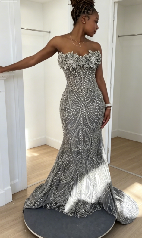Chic Silver Evening Dress Strapless Prom Dress Mermaid Tulle Beaded Birthday Dress  DP05967