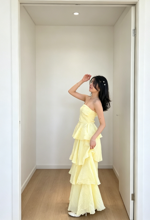 Robe de soirée jaune chic, robe de bal bustier fourreau en mousseline de soie, robe d'anniversaire DP05970