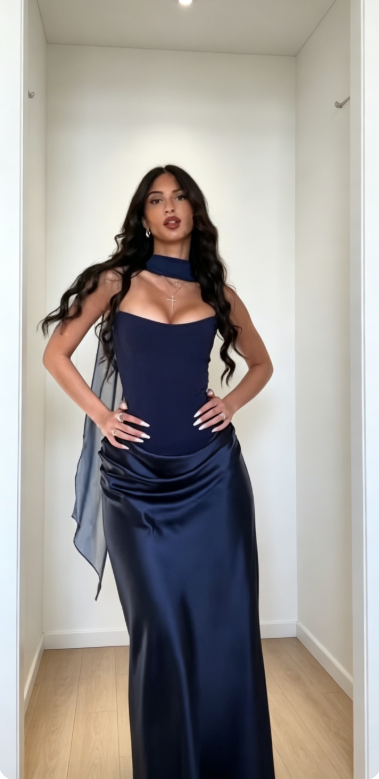 Chic Navy Blue Evening Dress Strapless Sheath Satin Prom Dress DP05971