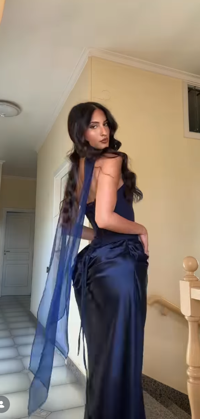 Chic Navy Blue Evening Dress Strapless Sheath Satin Prom Dress DP05971