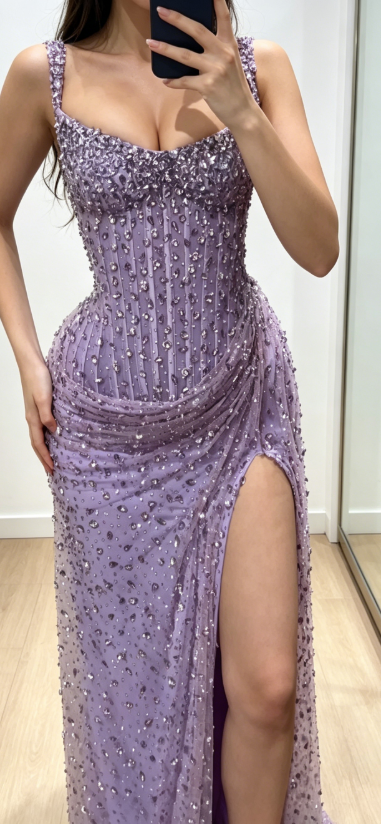 Chic Purple Evening Dress Straps Sheath Tulle Beaded Prom Dress  DP05972