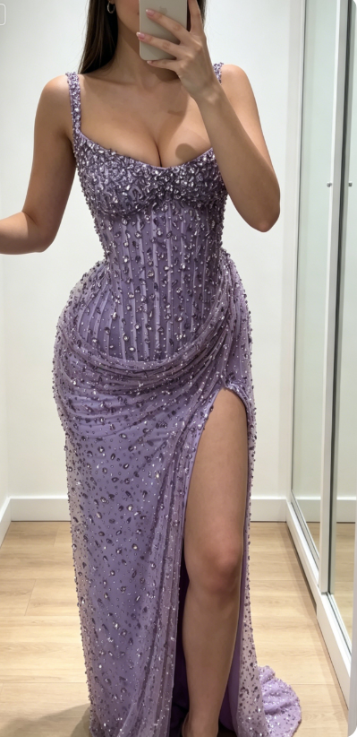 Robe de soirée chic violette à bretelles fourreau en tulle perlée pour bal de promo DP05972