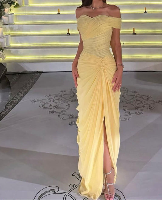 Robe de Soirée Chic Jaune Épaules Dénudées Fourreau Mousseline Robe de Bal DP05973