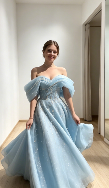 Chic Blue Evening Dress Off-shoulder A-Line Chiffon Long Prom Dress DP05977