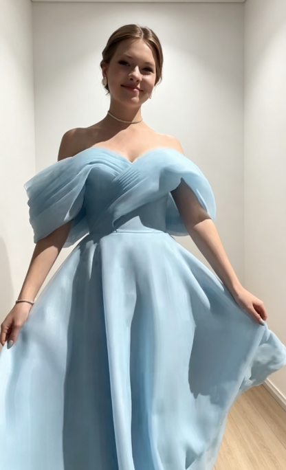 Chic Blue Evening Dress Off-shoulder A-Line Chiffon Long Prom Dress DP05977