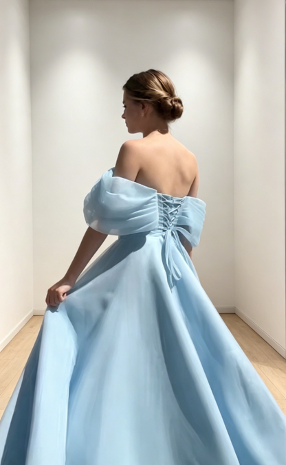 Chic Blue Evening Dress Off-shoulder A-Line Chiffon Long Prom Dress DP05977