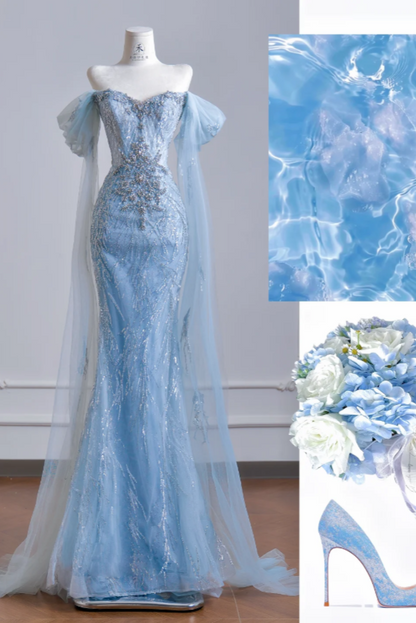 Chic Blue Evening Dress Off-shoulder Sheath Tulle Long Prom Dress  DP05978