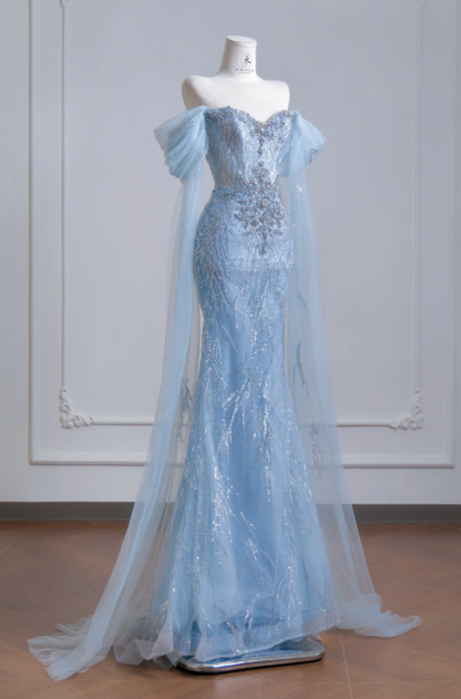 Chic Blue Evening Dress Off-shoulder Sheath Tulle Long Prom Dress  DP05978