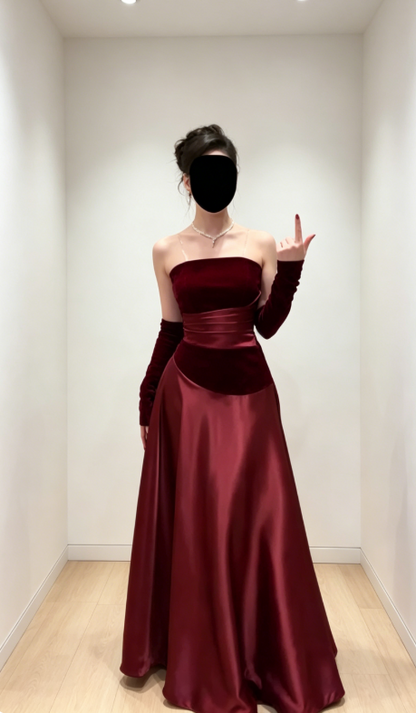 Chic Burgundy Evening Dress Strapless A-Line Satin Long Prom Dress DP05979