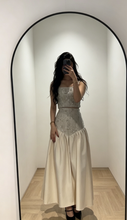 Chic Ivory Evening Dress Straps Sheath Beaded Satin Long Prom Dress  DP05980
