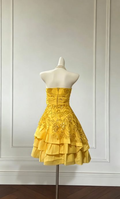 Vintage Yellow Hoco Dress Strapless Birthday Dress A-Line Satin Party Dress DP05983