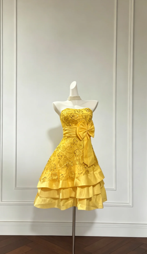 Vintage Yellow Hoco Dress Strapless Birthday Dress A-Line Satin Party Dress DP05983