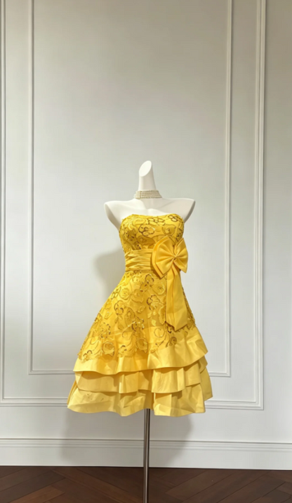Vintage Yellow Hoco Dress Strapless Birthday Dress A-Line Satin Party Dress DP05983