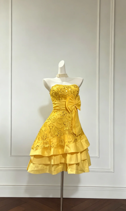 Vintage Yellow Hoco Dress Strapless Birthday Dress A-Line Satin Party Dress DP05983