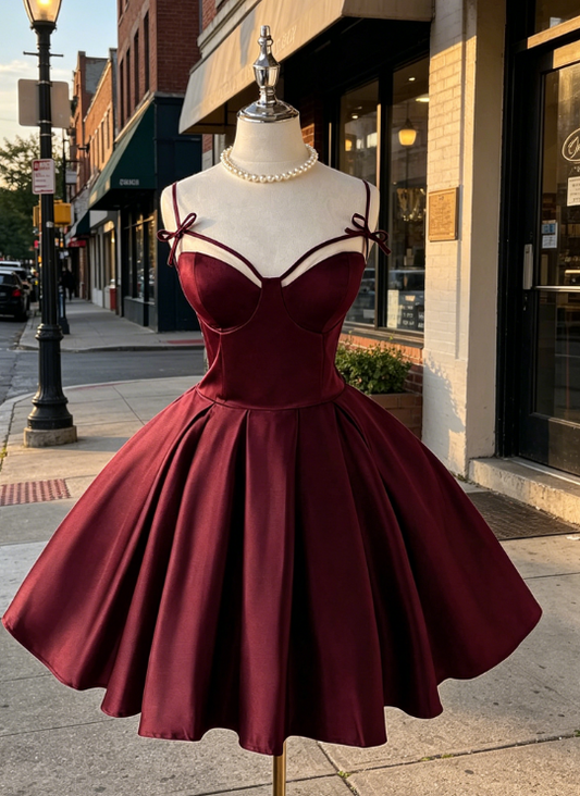 Sexy bordeauxrotes Hoco Kleid Spaghettiträger A-Linie Geburtstags-Kleid Satin Abschlussfeier Kleid DP06007