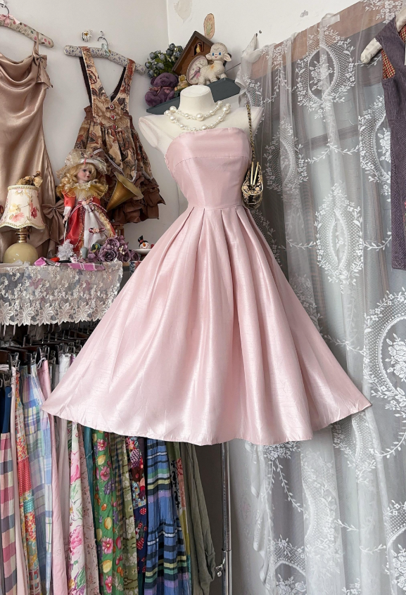Simple Pink Hoco Dress Strapless A-Line Birthday Dress Satin Graduation Party Dress DP06010