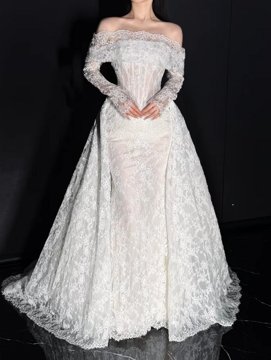 Chic White Wedding Dress Off-shoulder Sheath Bridal Dress Lace Bridal Gown DP06020
