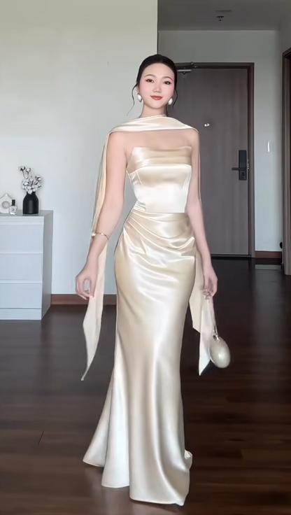 Chic Champagne Wedding Guest Dress Strapless Sheath Satin Long Evening Dress DP06031