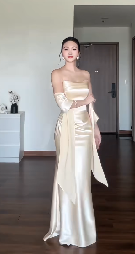 Chic Champagne Wedding Guest Dress Strapless Sheath Satin Long Evening Dress DP06031