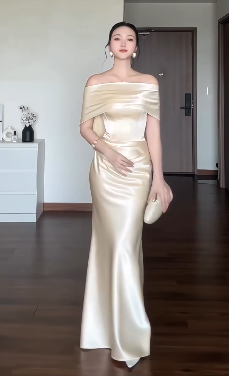 Chic Champagne Wedding Guest Dress Strapless Sheath Satin Long Evening Dress DP06031