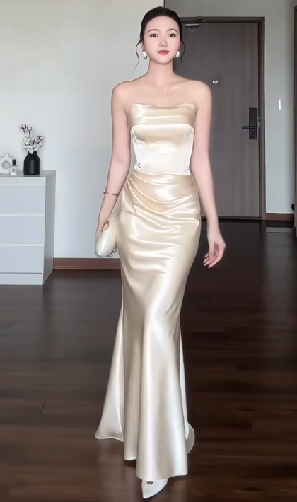Chic Champagne Wedding Guest Dress Strapless Sheath Satin Long Evening Dress DP06031