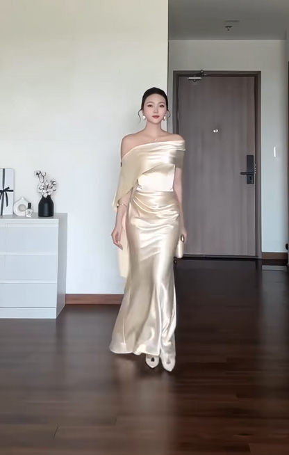 Chic Champagne Wedding Guest Dress Strapless Sheath Satin Long Evening Dress DP06031