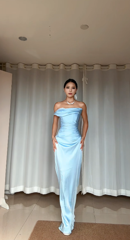 Chic Blue Wedding Guest Dress One-shoulder Sheath Satin Long Evening Dress DP06032