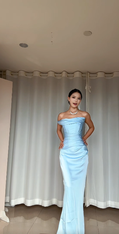 Chic Blue Wedding Guest Dress One-shoulder Sheath Satin Long Evening Dress DP06032