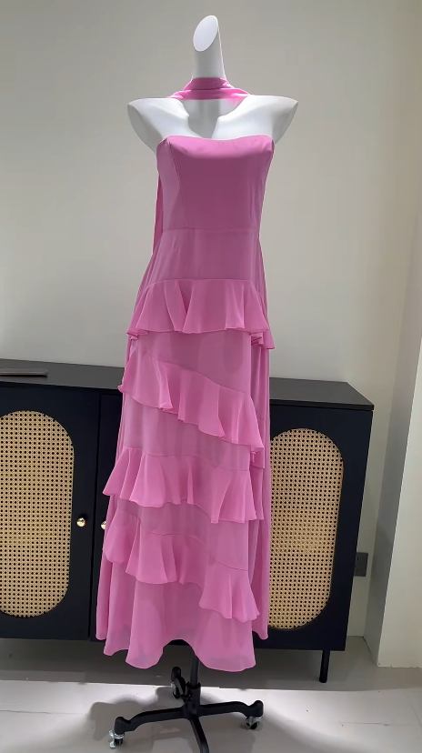 Robe de Soirée Chic Rose pour Invitée de Mariage, Fourreau sans Bretelles en Mousseline Longue DP06033
