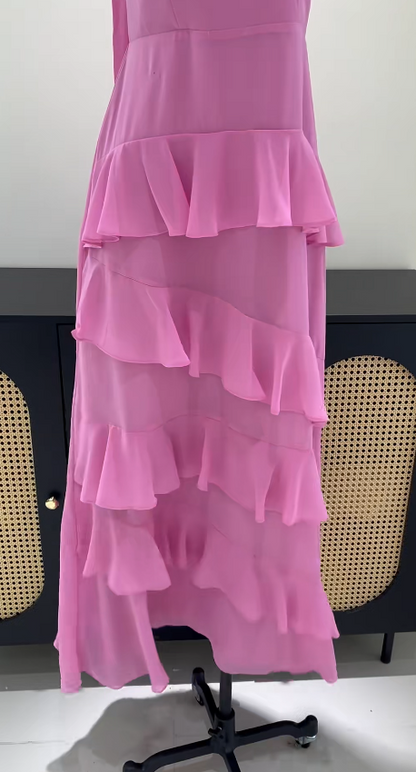 Chic Pink Wedding Guest Dress Strapless Sheath Chiffon Long Evening Dress DP06033