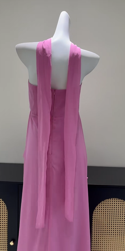 Chic Pink Wedding Guest Dress Strapless Sheath Chiffon Long Evening Dress DP06033